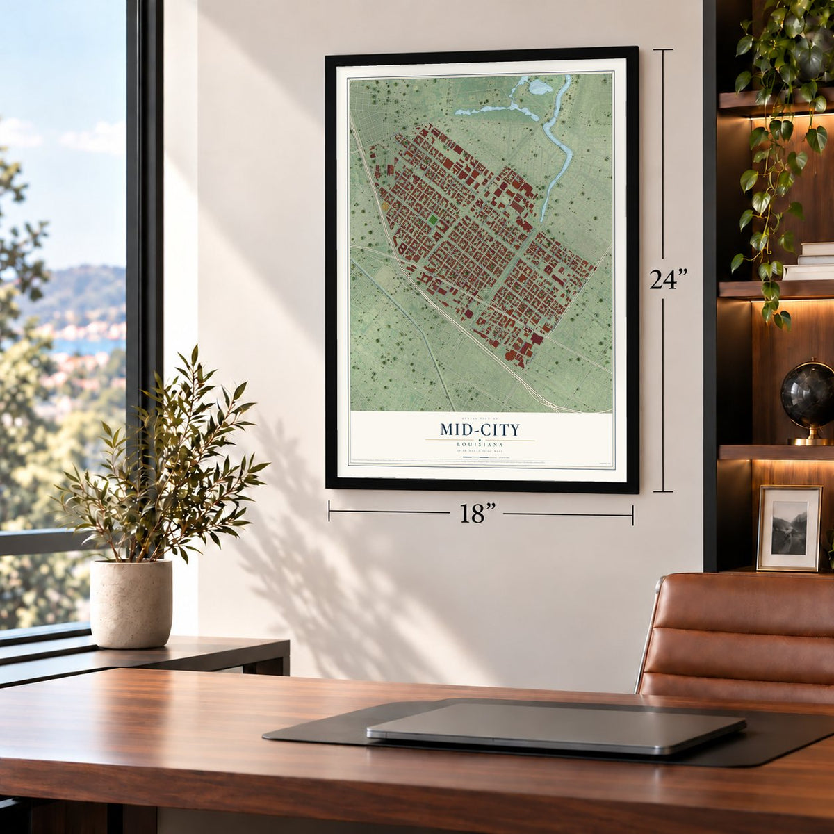 Mid-City, Louisiana map, 18 x 24 inch print in a black frame in a home office