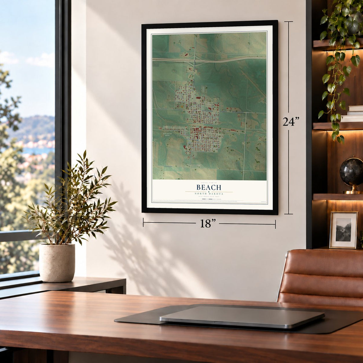 Beach, North Dakota map, 18 x 24 inch print in a black frame in a home office