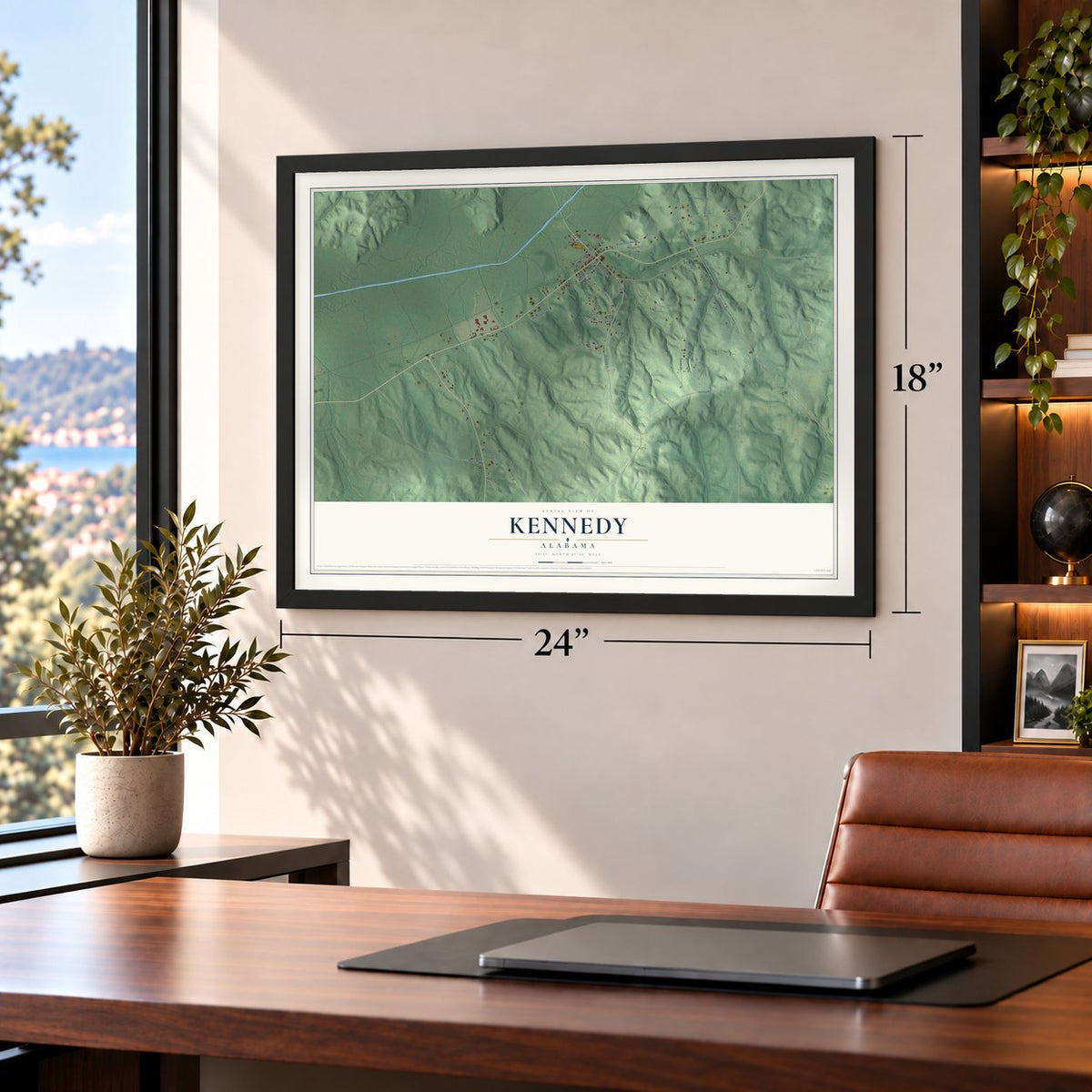 Kennedy, Alabama map, 18 x 24 inch print in a black frame in a home office