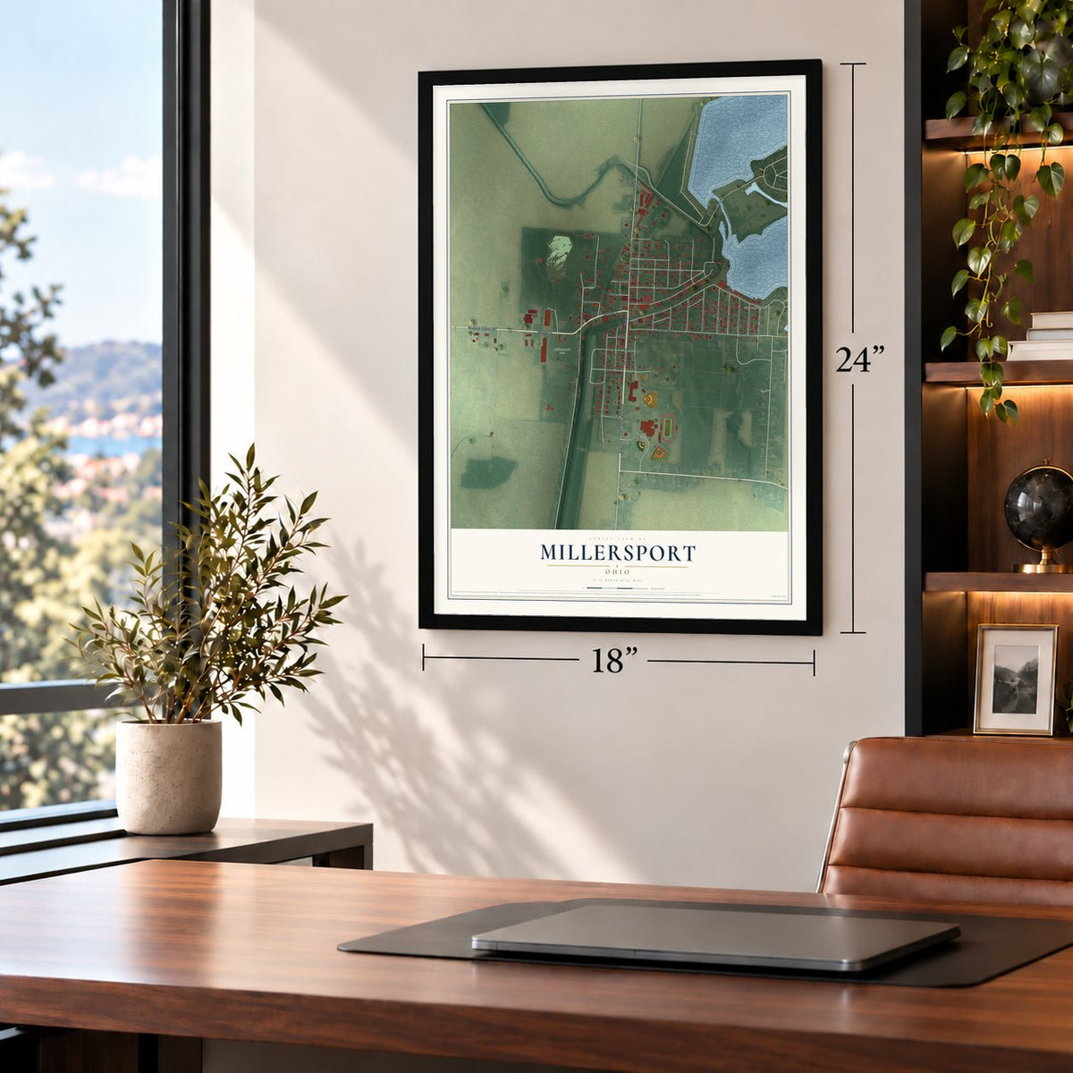Millersport, Ohio map, 18 x 24 inch print in a black frame in a home office