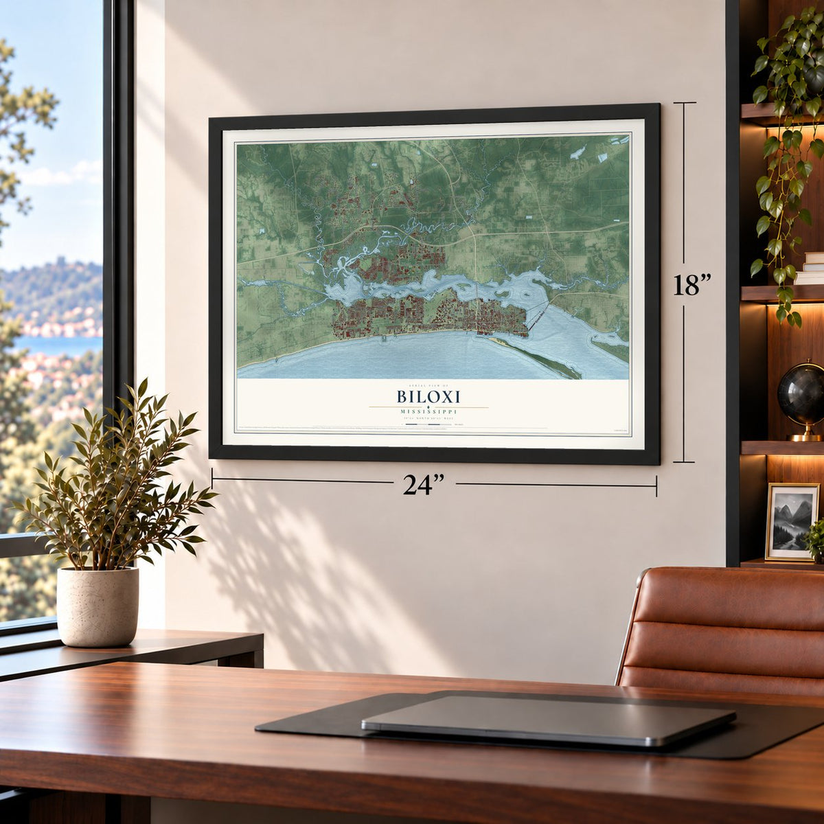 Biloxi, Mississippi map, 18 x 24 inch print in a black frame in a home office