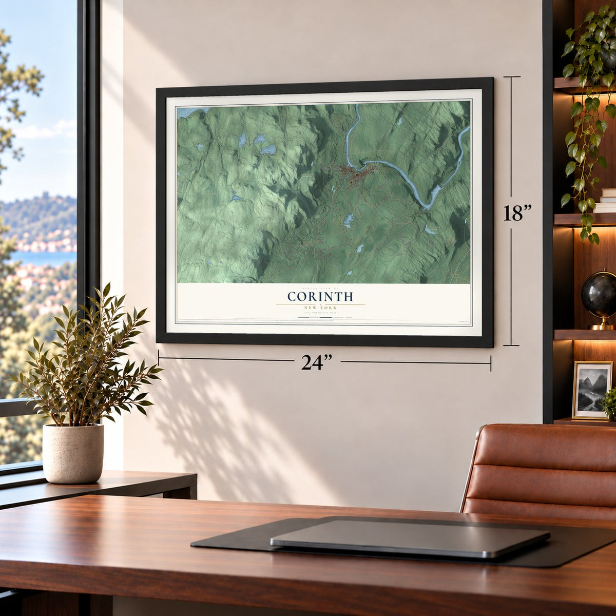Corinth, New York map, 18 x 24 inch print in a black frame in a home office