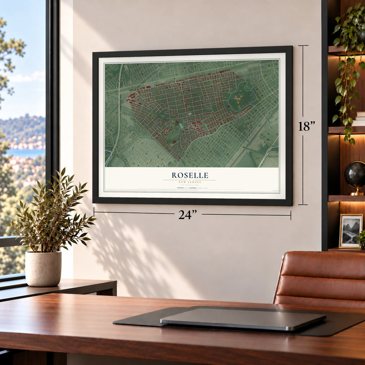 Roselle, New Jersey map, 18 x 24 inch print in a black frame in a home office