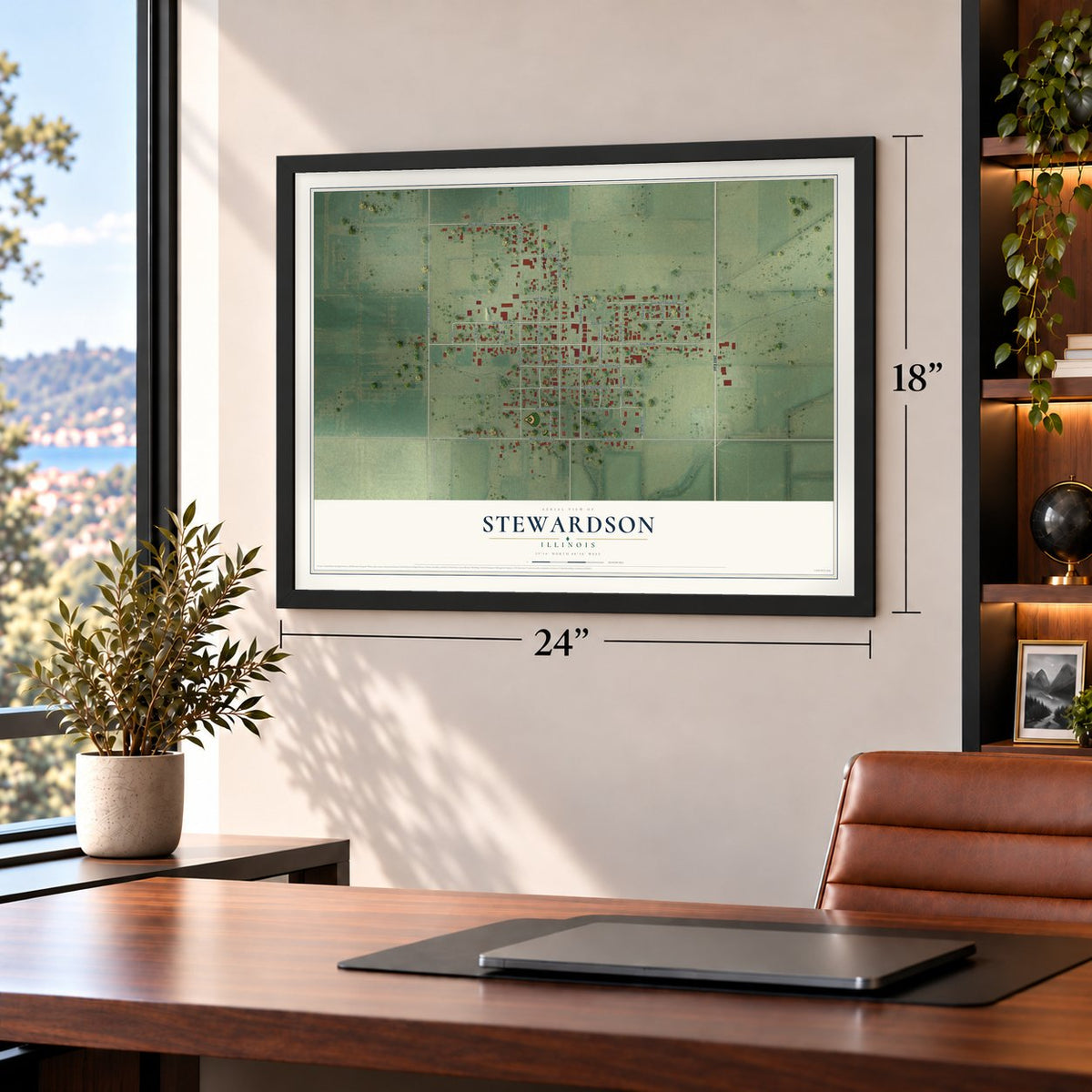 Stewardson, Illinois map, 18 x 24 inch print in a black frame in a home office