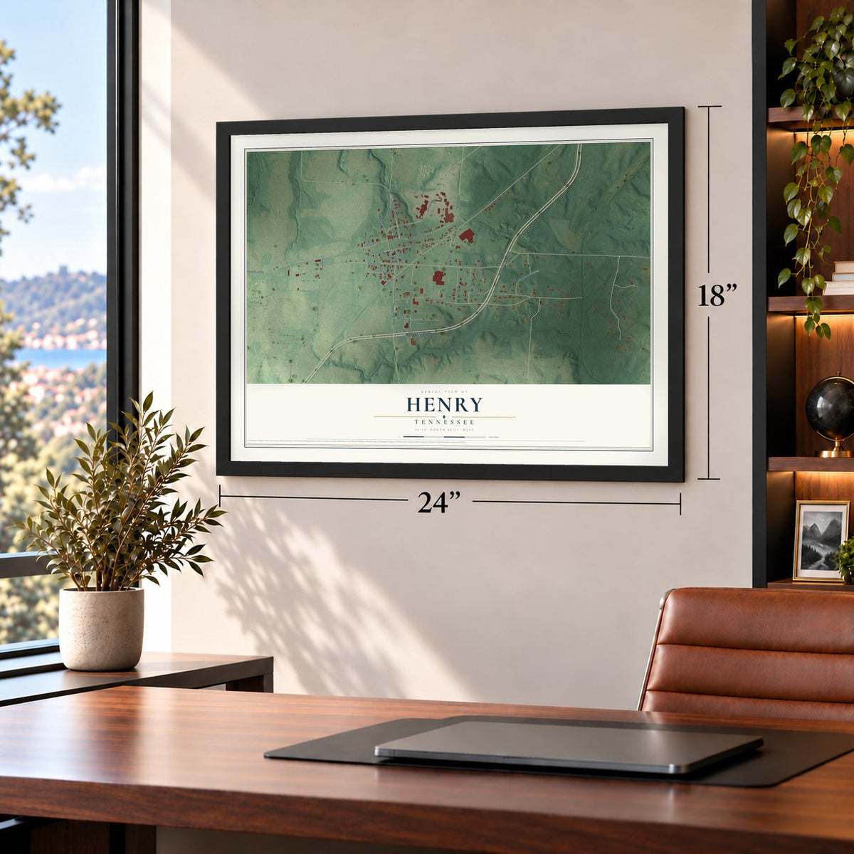 Henry, Tennessee map, 18 x 24 inch print in a black frame in a home office