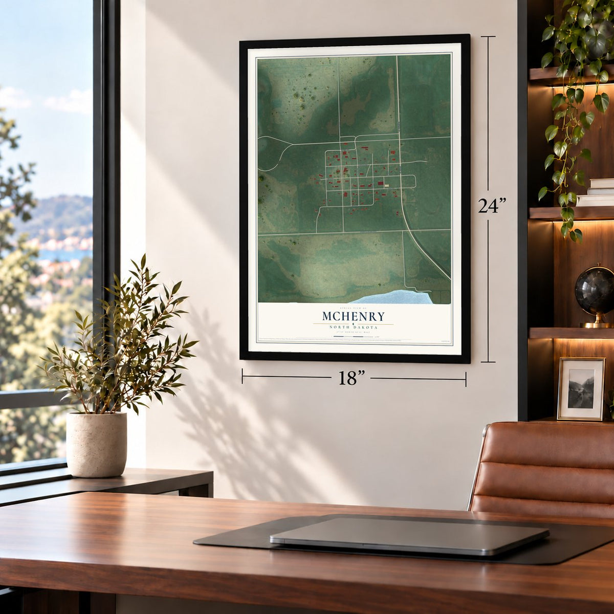 McHenry, North Dakota map, 18 x 24 inch print in a black frame in a home office