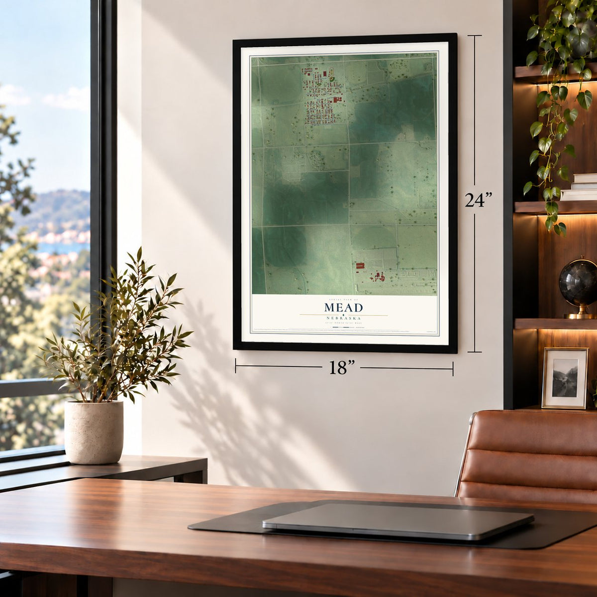 Mead, Nebraska map, 18 x 24 inch print in a black frame in a home office