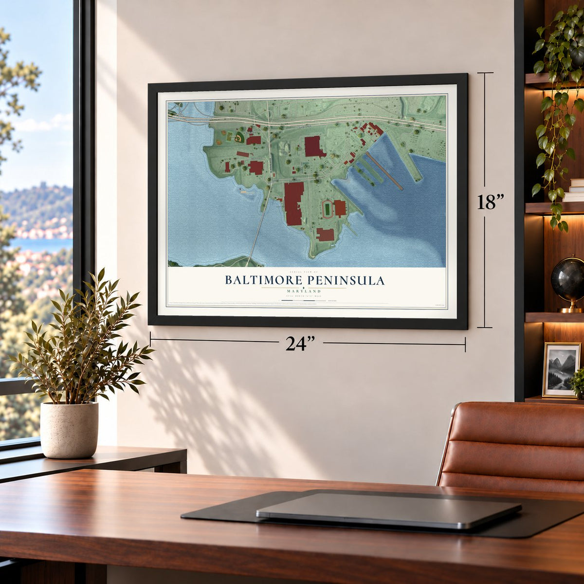 Baltimore Peninsula, Maryland map, 18 x 24 inch print in a black frame in a home office