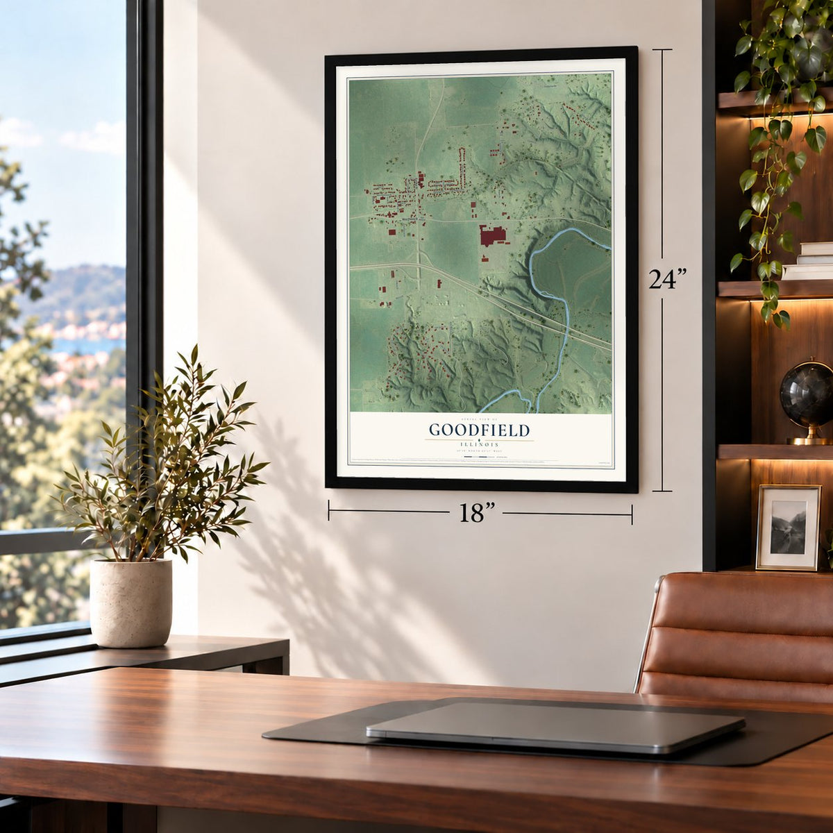 Goodfield, Illinois map, 18 x 24 inch print in a black frame in a home office