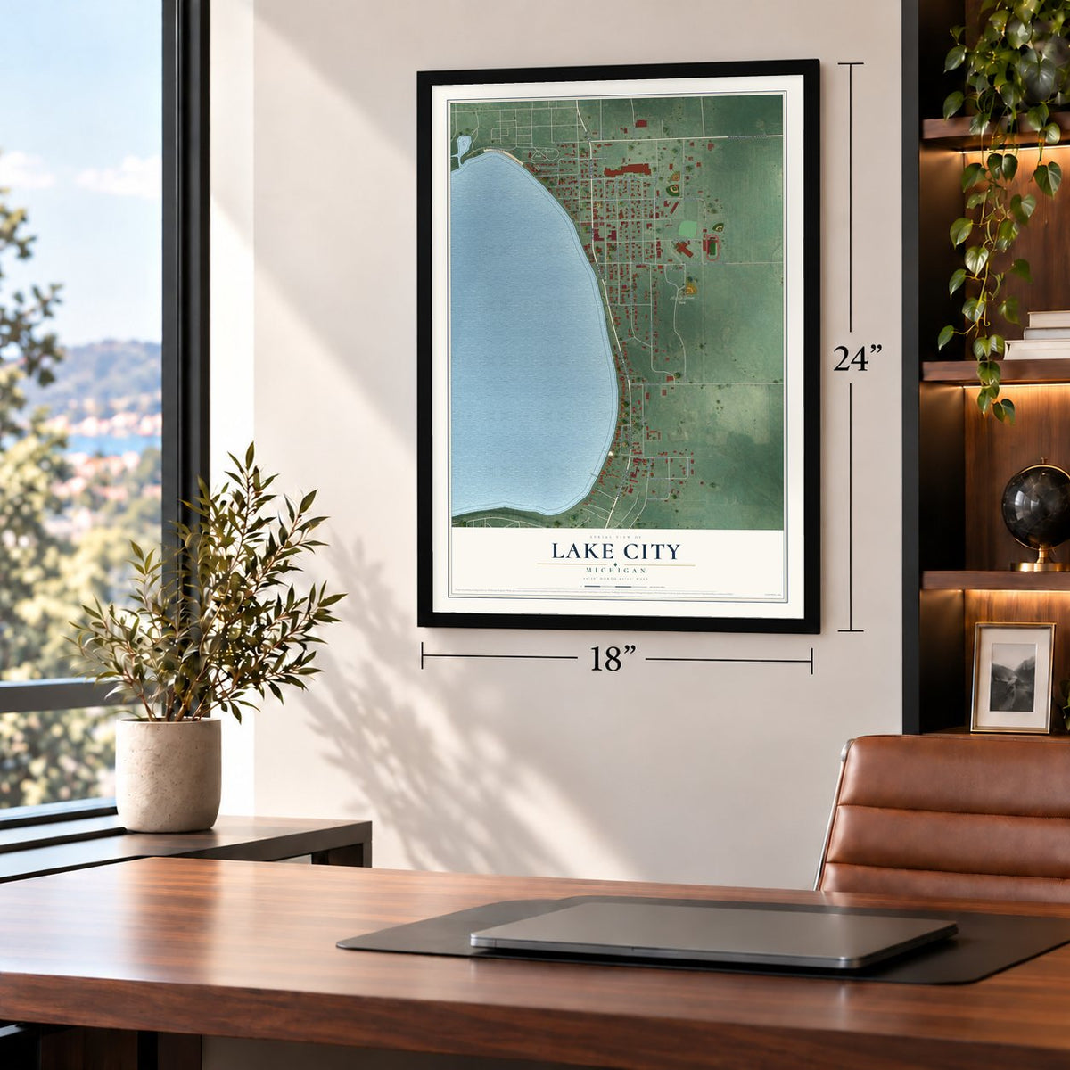 Lake City, Michigan map, 18 x 24 inch print in a black frame in a home office