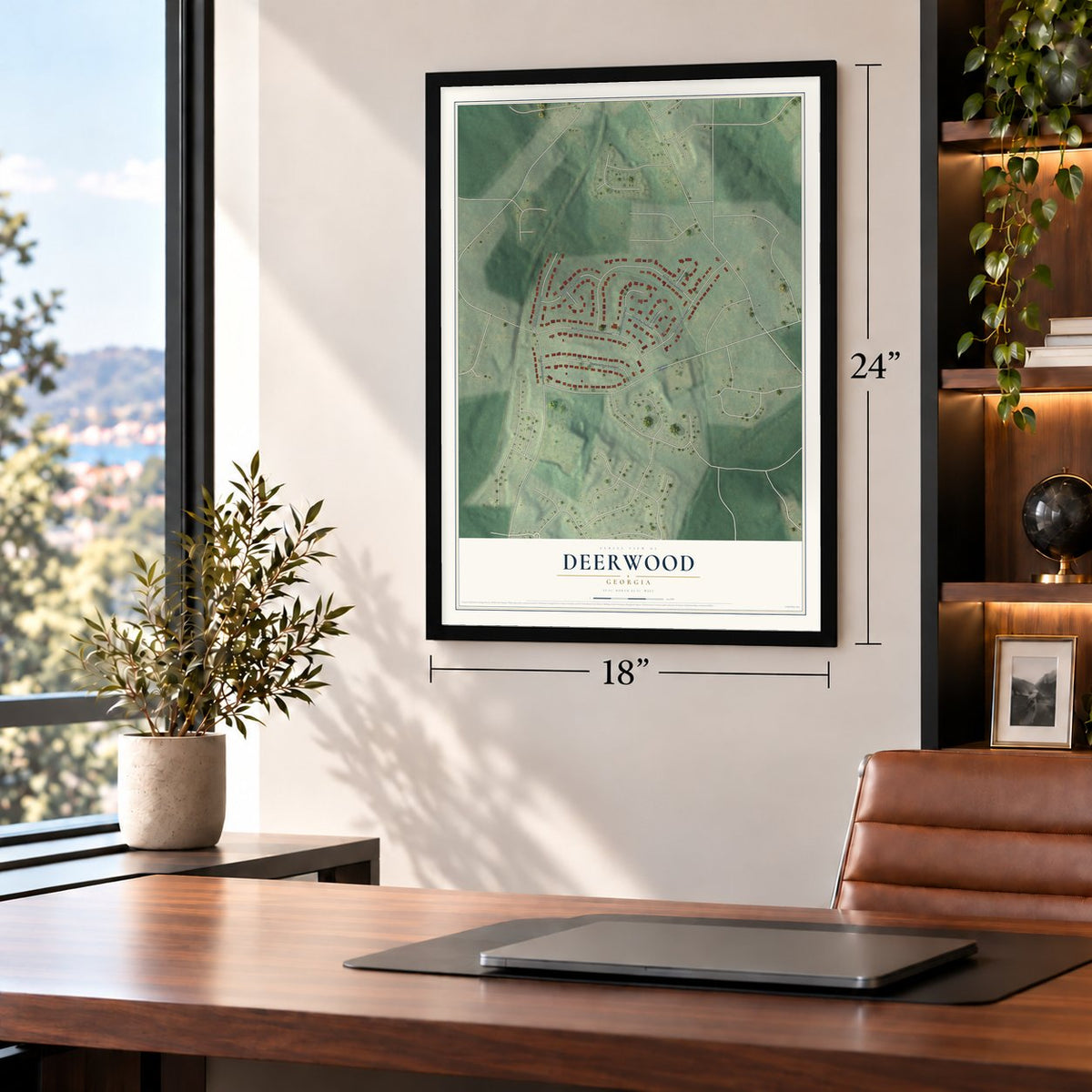 Deerwood, Georgia map, 18 x 24 inch print in a black frame in a home office