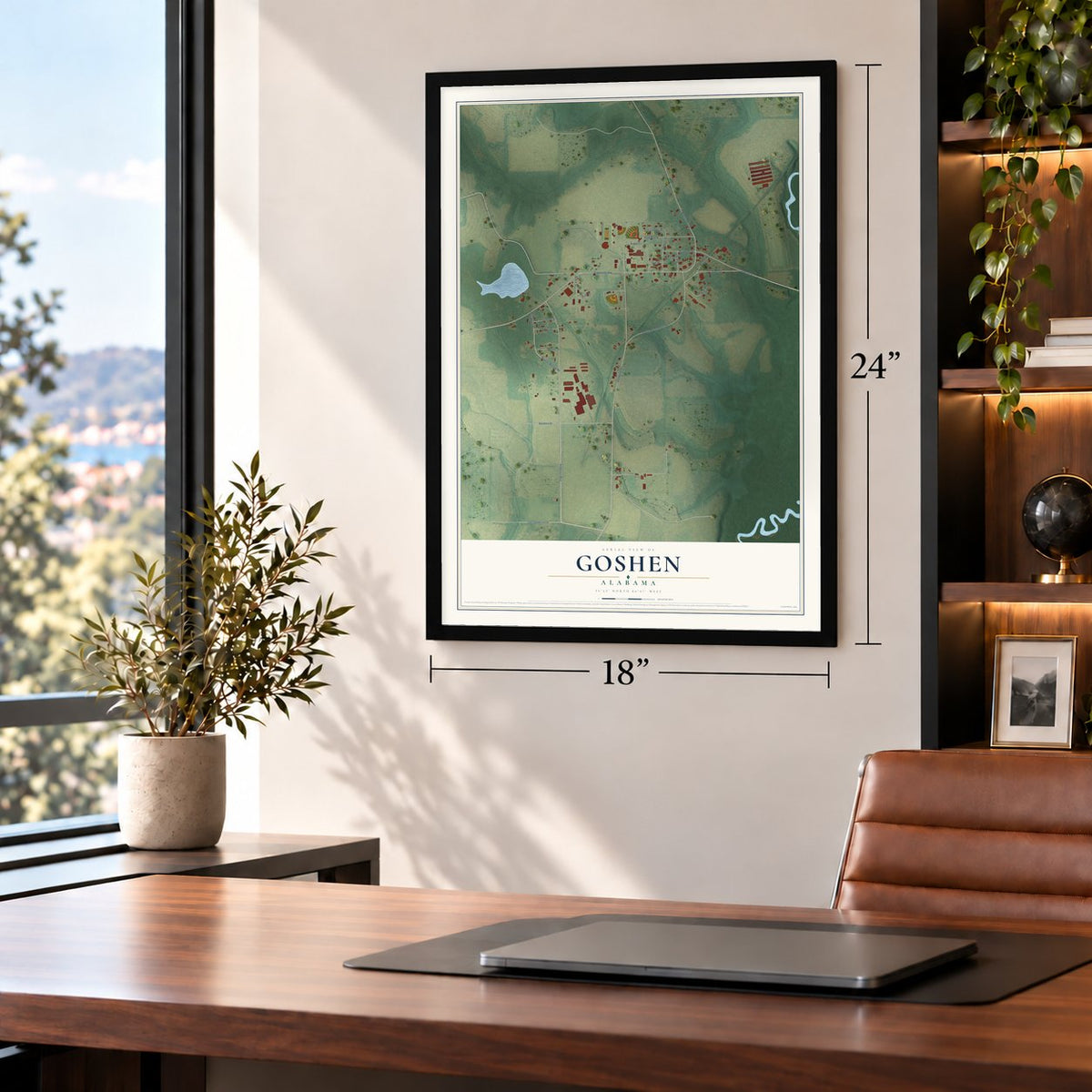 Goshen, Alabama map, 18 x 24 inch print in a black frame in a home office