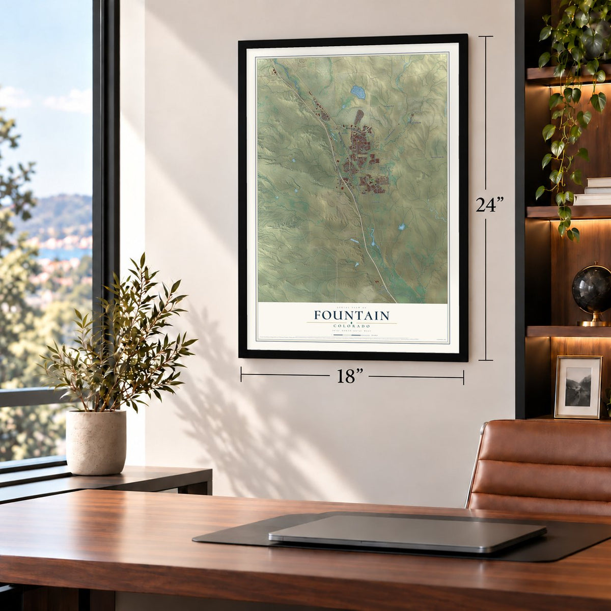Fountain, Colorado map, 18 x 24 inch print in a black frame in a home office