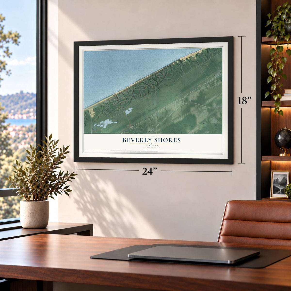 Beverly Shores, Indiana map, 18 x 24 inch print in a black frame in a home office