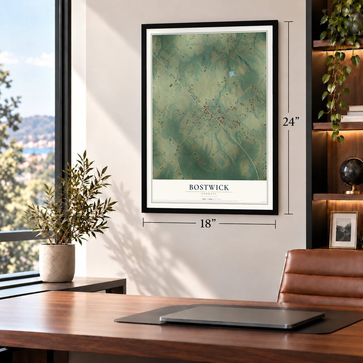Bostwick, Georgia map, 18 x 24 inch print in a black frame in a home office