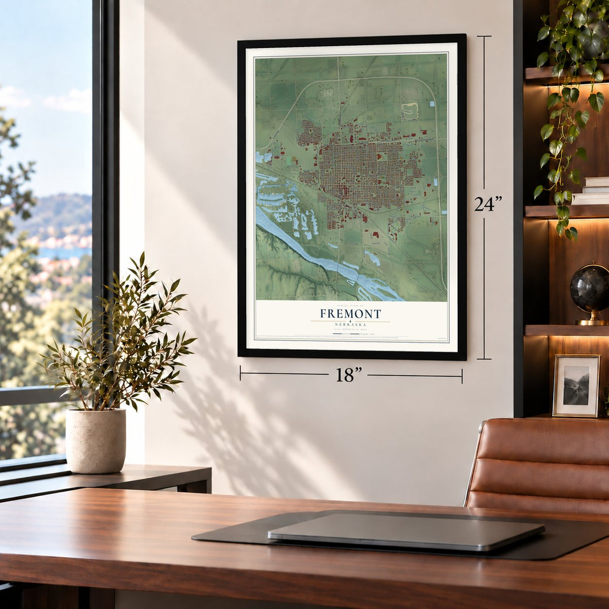 Fremont, Nebraska map, 18 x 24 inch print in a black frame in a home office