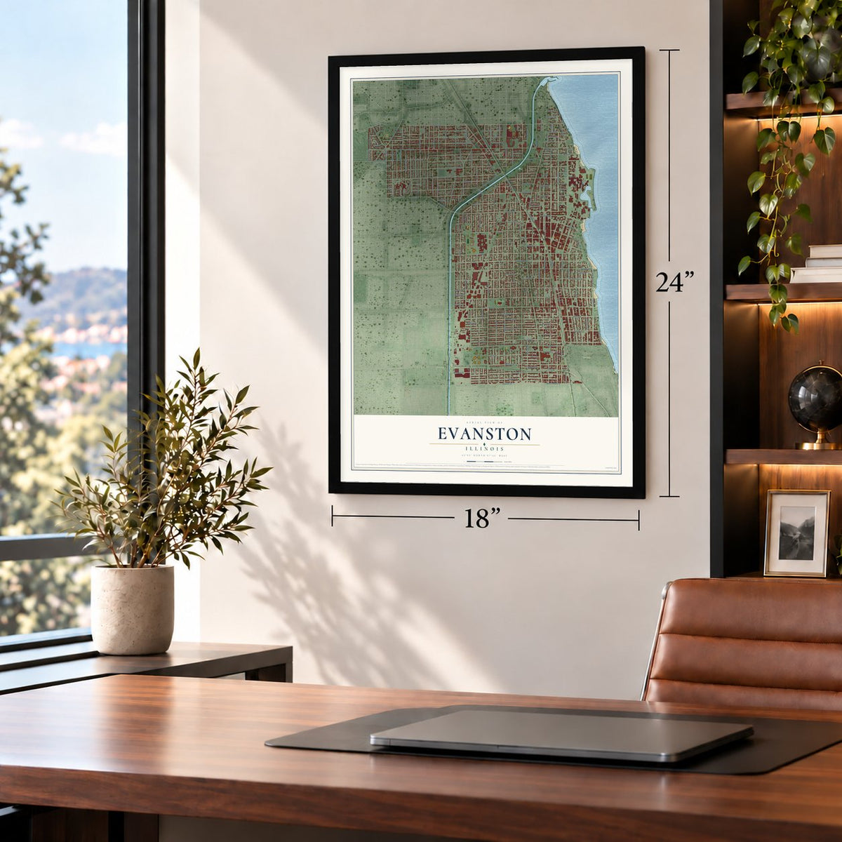Evanston, Illinois map, 18 x 24 inch print in a black frame in a home office