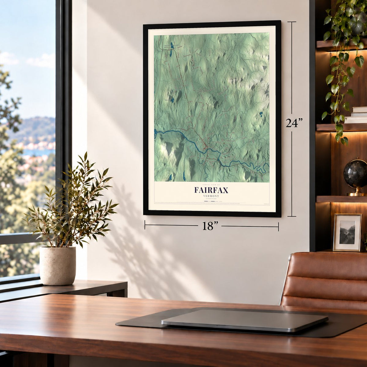 Fairfax, Vermont map, 18 x 24 inch print in a black frame in a home office