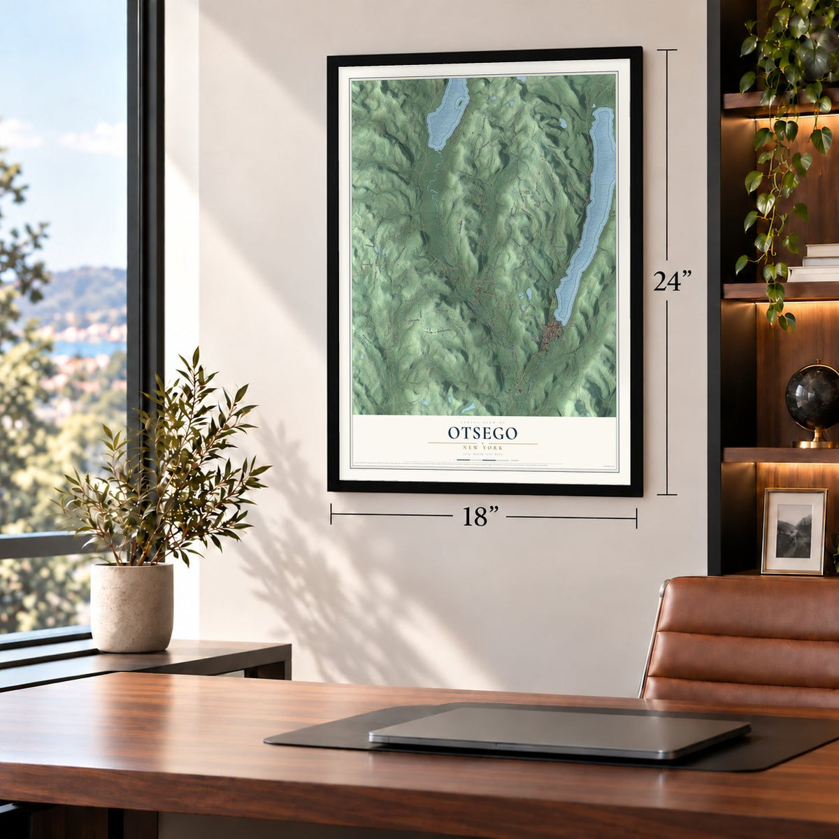 Otsego, New York map, 18 x 24 inch print in a black frame in a home office
