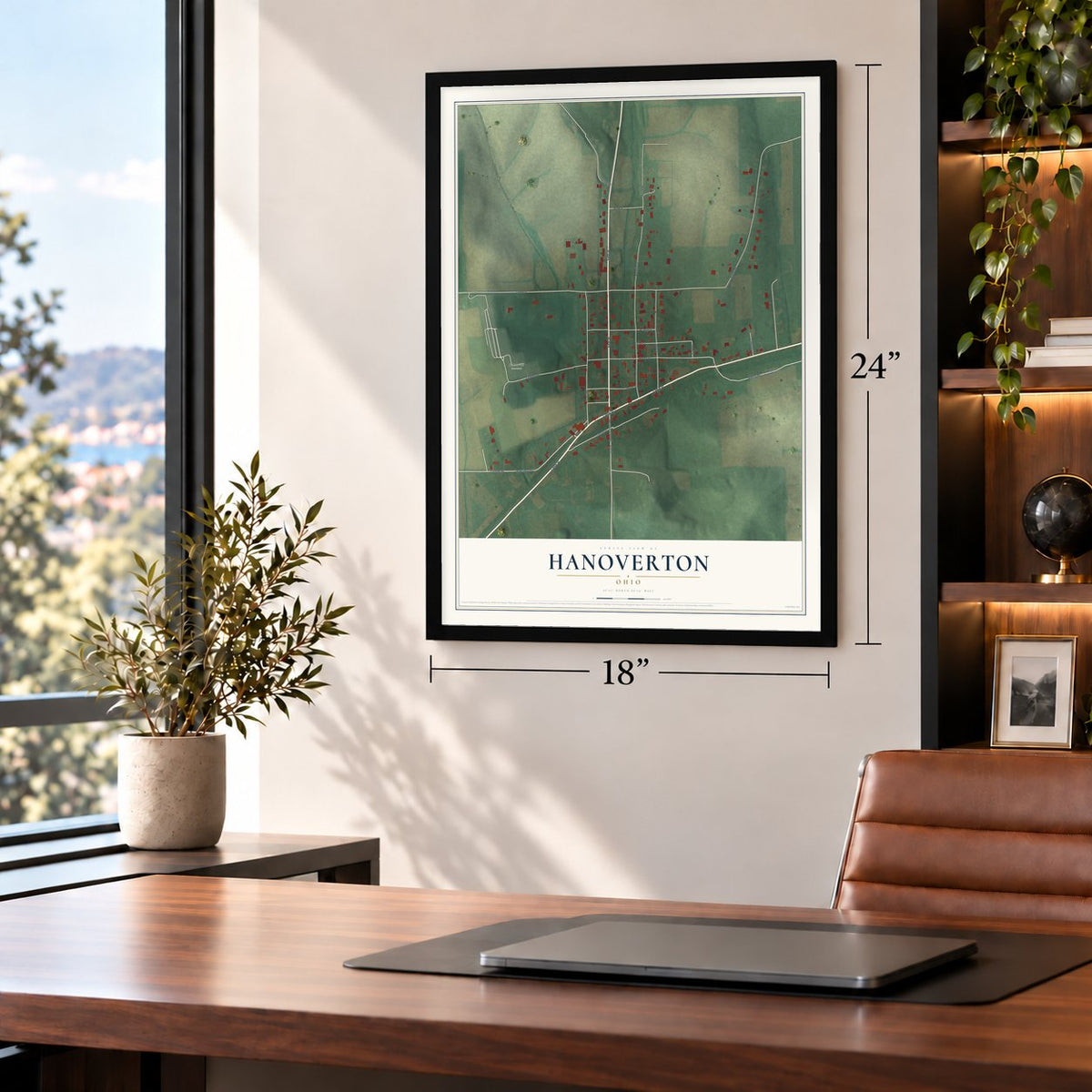 Hanoverton, Ohio map, 18 x 24 inch print in a black frame in a home office