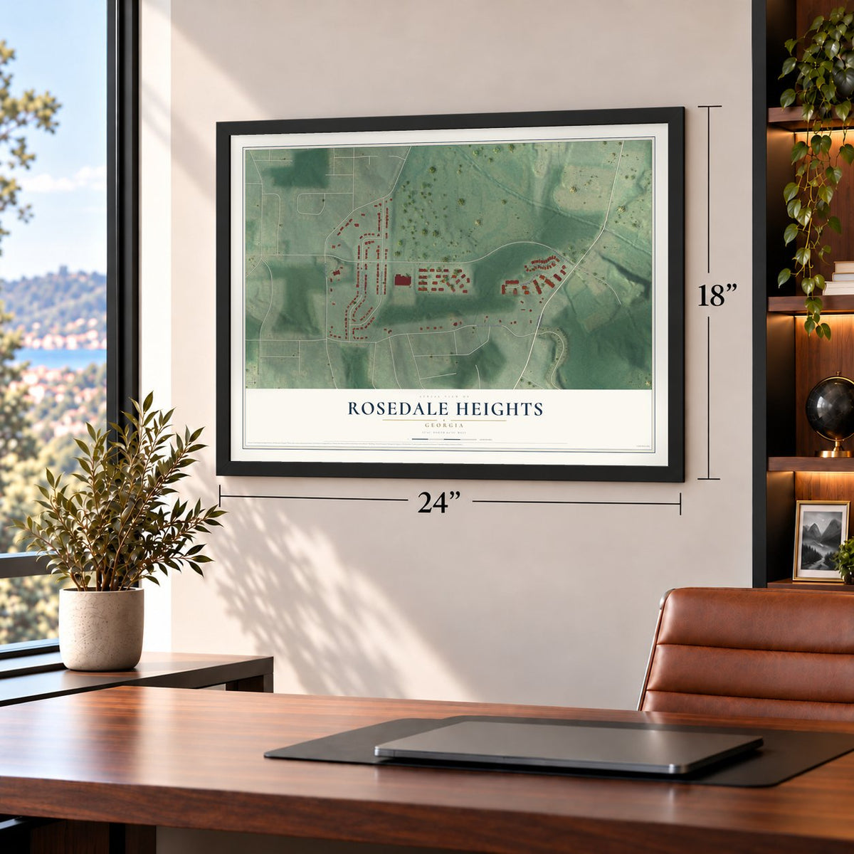 Rosedale Heights, Georgia map, 18 x 24 inch print in a black frame in a home office