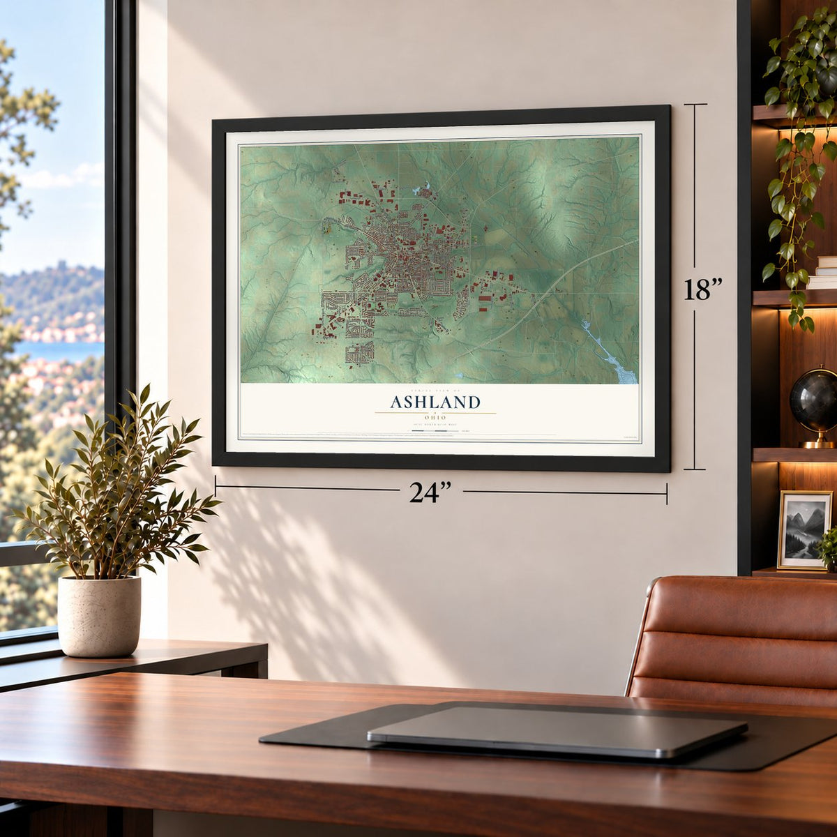 Ashland, Ohio map, 18 x 24 inch print in a black frame in a home office