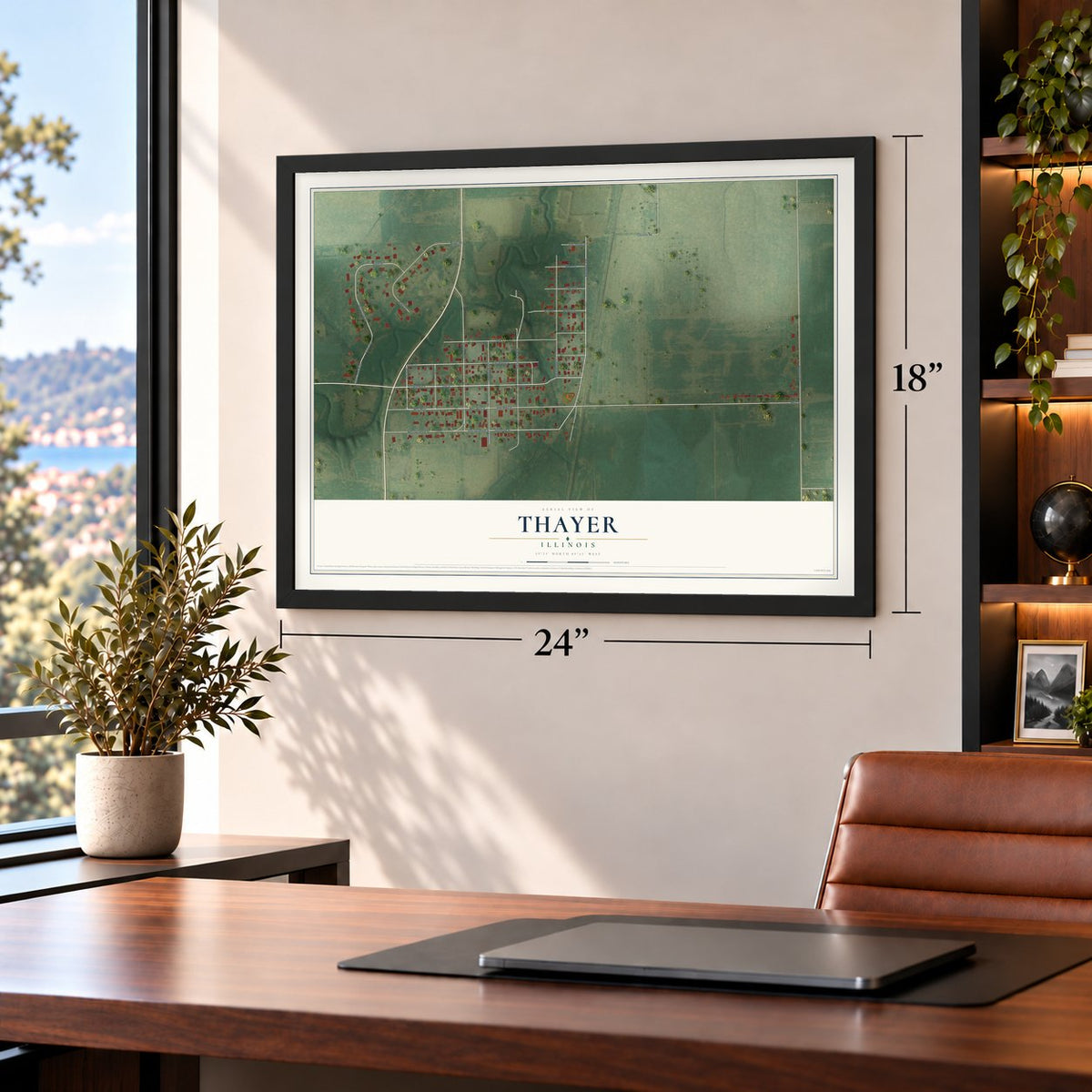 Thayer, Illinois map, 18 x 24 inch print in a black frame in a home office