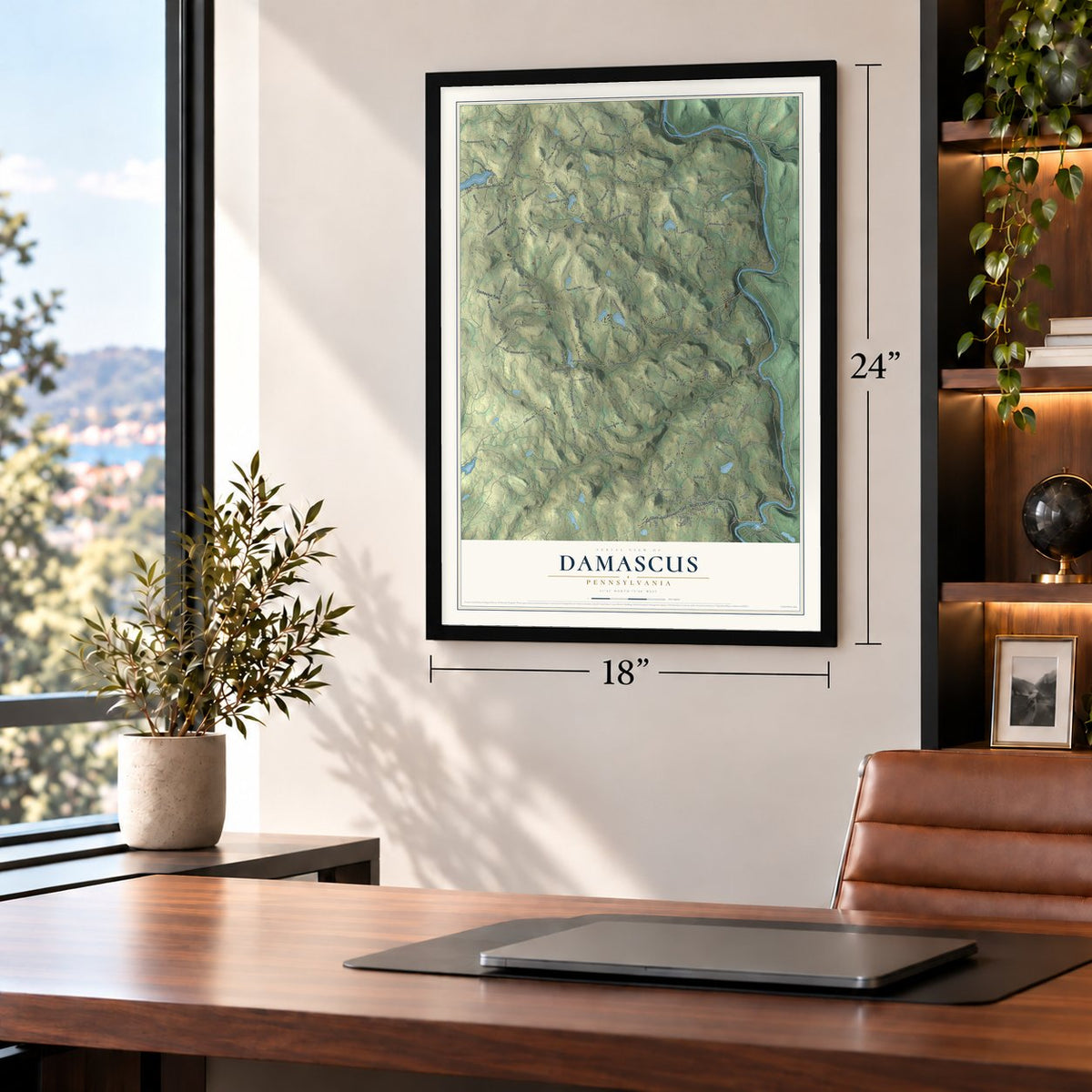 Damascus, Pennsylvania map, 18 x 24 inch print in a black frame in a home office