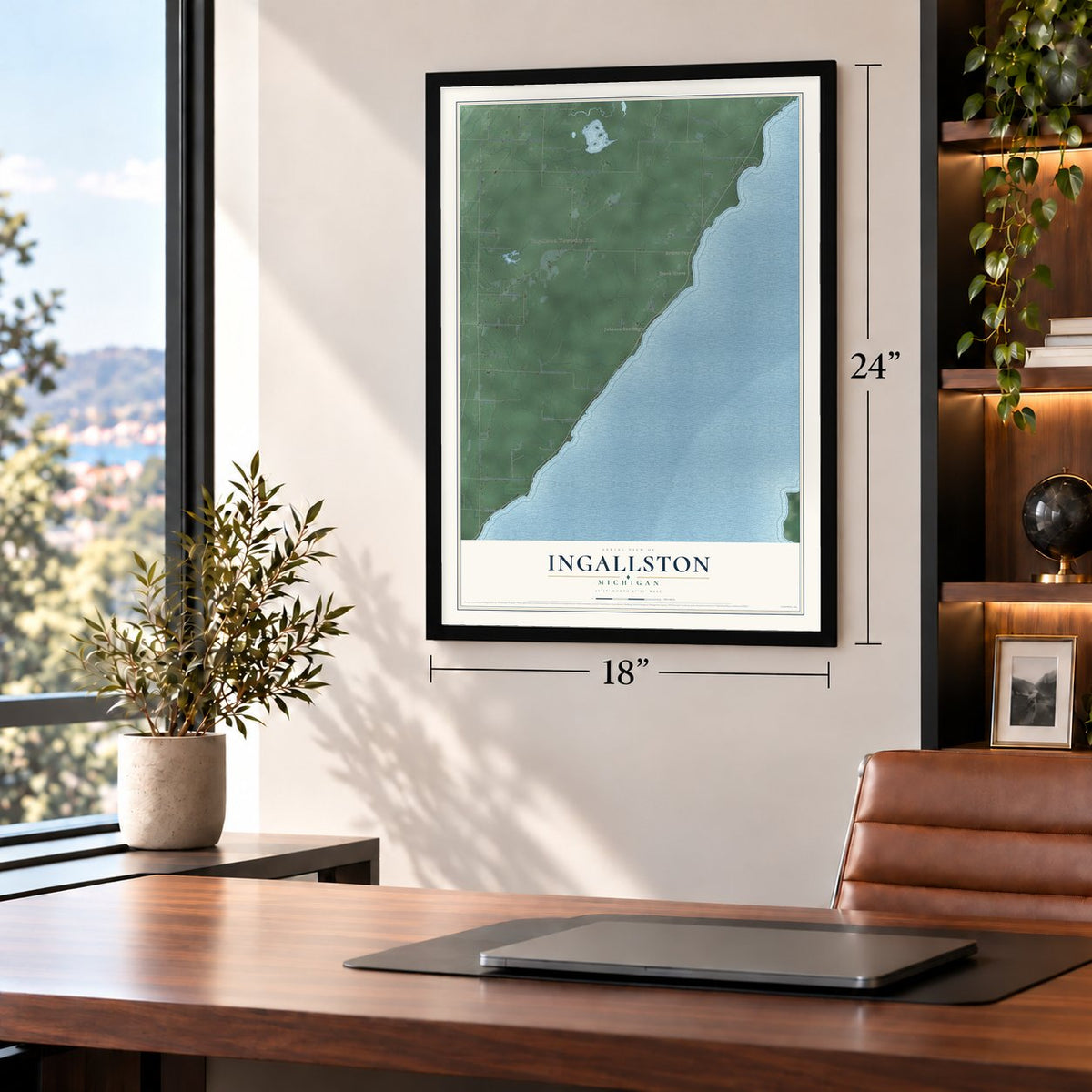 Ingallston, Michigan map, 18 x 24 inch print in a black frame in a home office