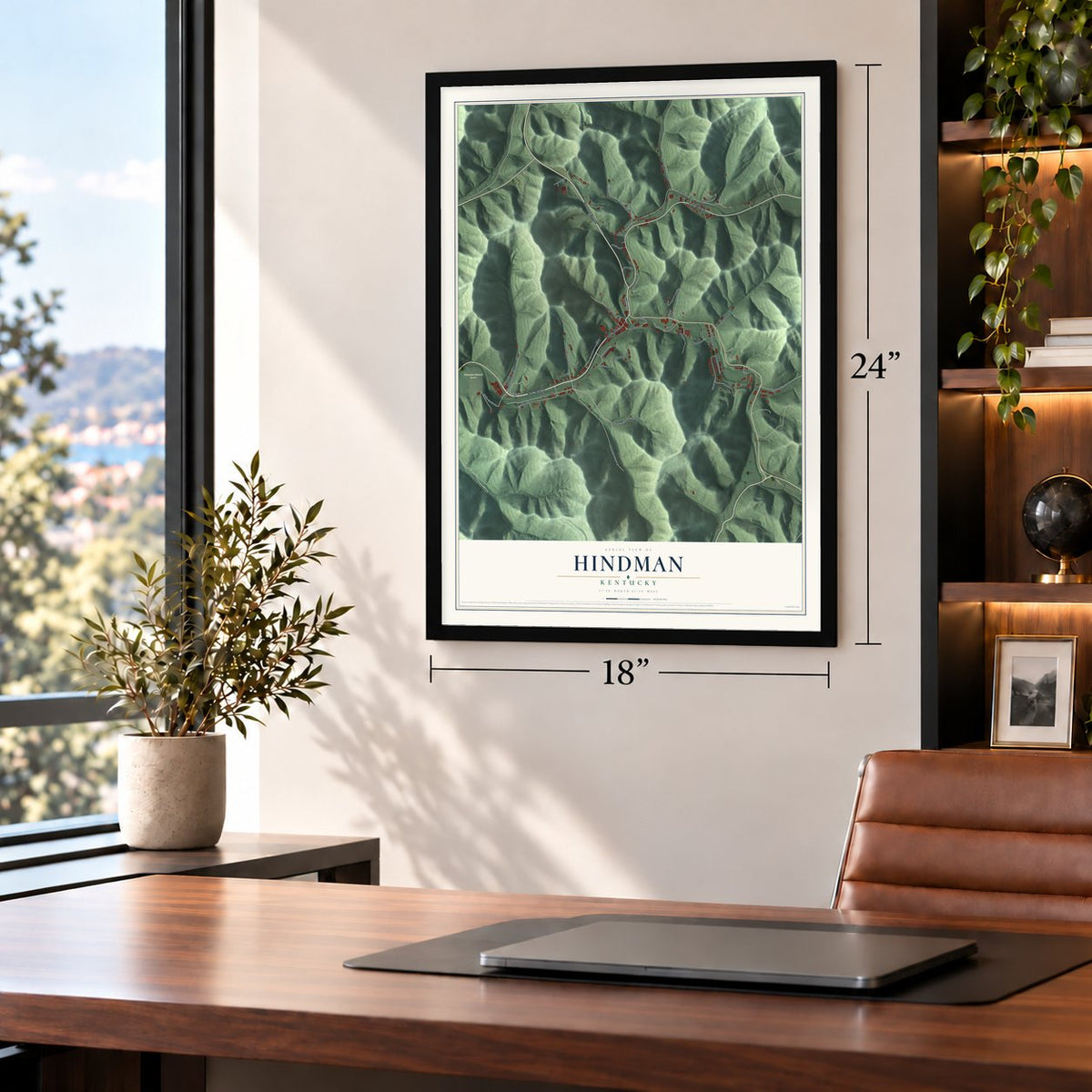 Hindman, Kentucky map, 18 x 24 inch print in a black frame in a home office
