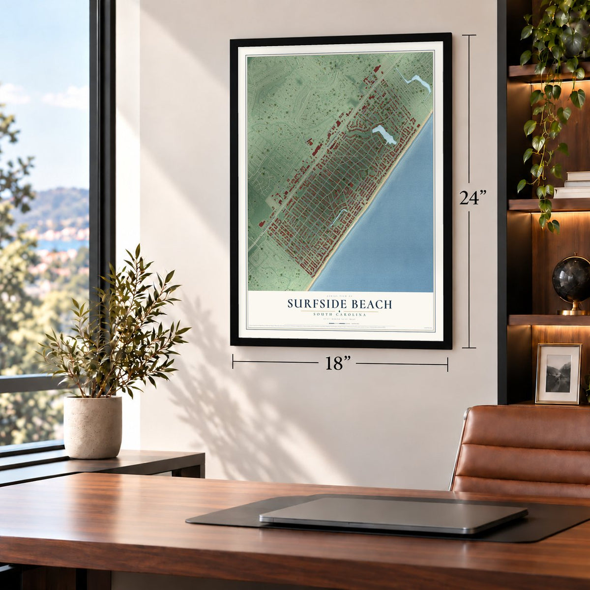 Surfside Beach, South Carolina map, 18 x 24 inch print in a black frame in a home office