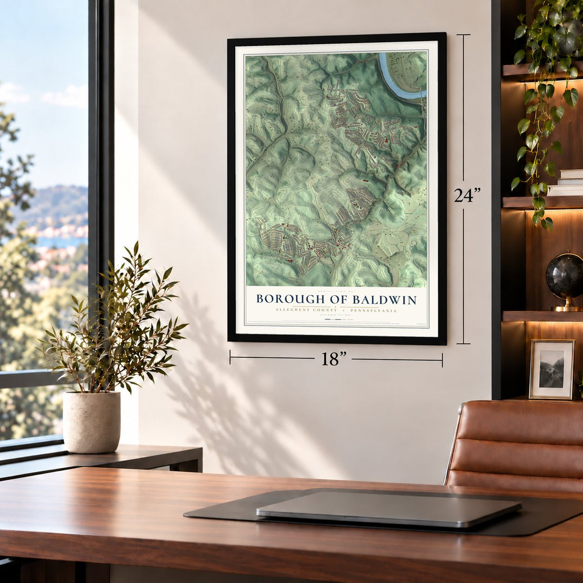 Borough of Baldwin, Allegheny County, Pennsylvania map, 18 x 24 inch print in a black frame in a home office