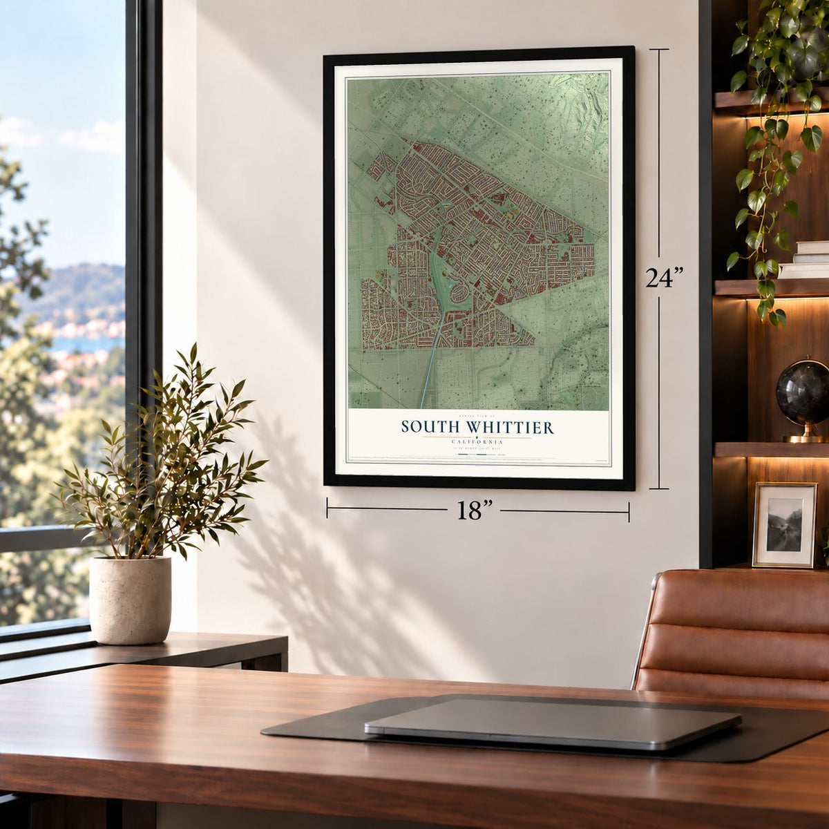 South Whittier, California map, 18 x 24 inch print in a black frame in a home office