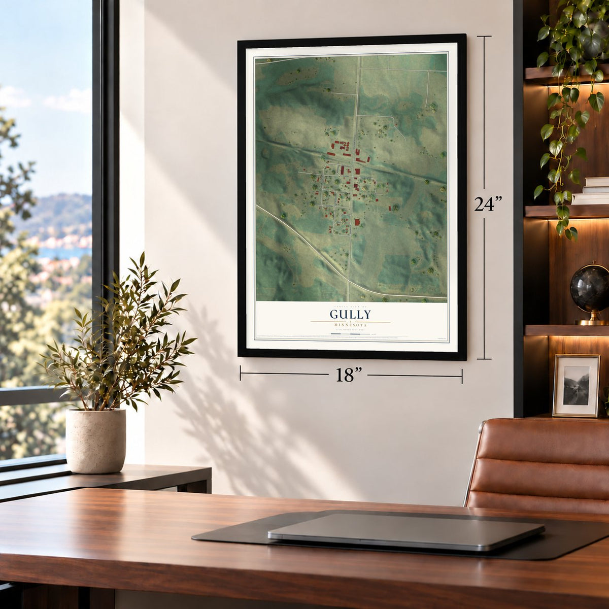 Gully, Minnesota map, 18 x 24 inch print in a black frame in a home office