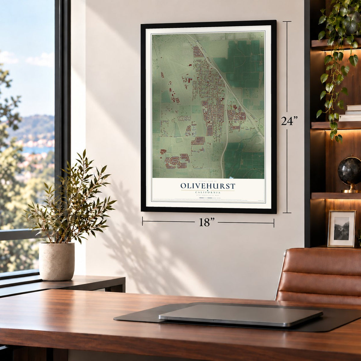 Olivehurst, California map, 18 x 24 inch print in a black frame in a home office