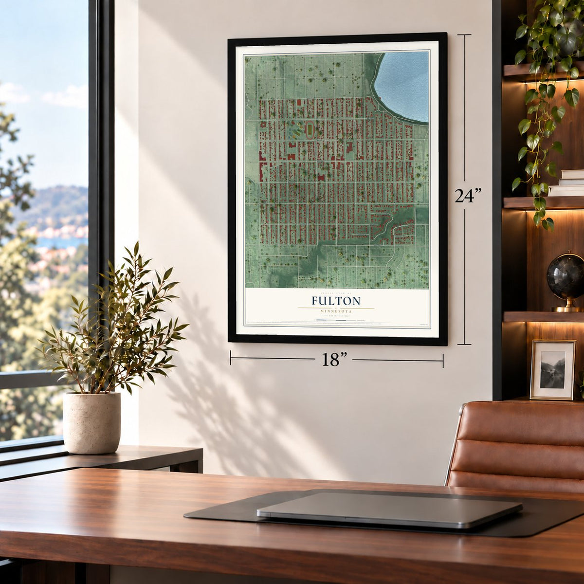 Fulton, Minnesota map, 18 x 24 inch print in a black frame in a home office