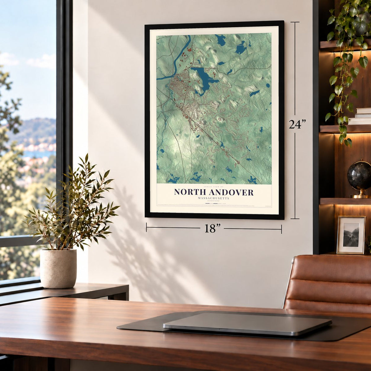 North Andover, Massachusetts map, 18 x 24 inch print in a black frame in a home office