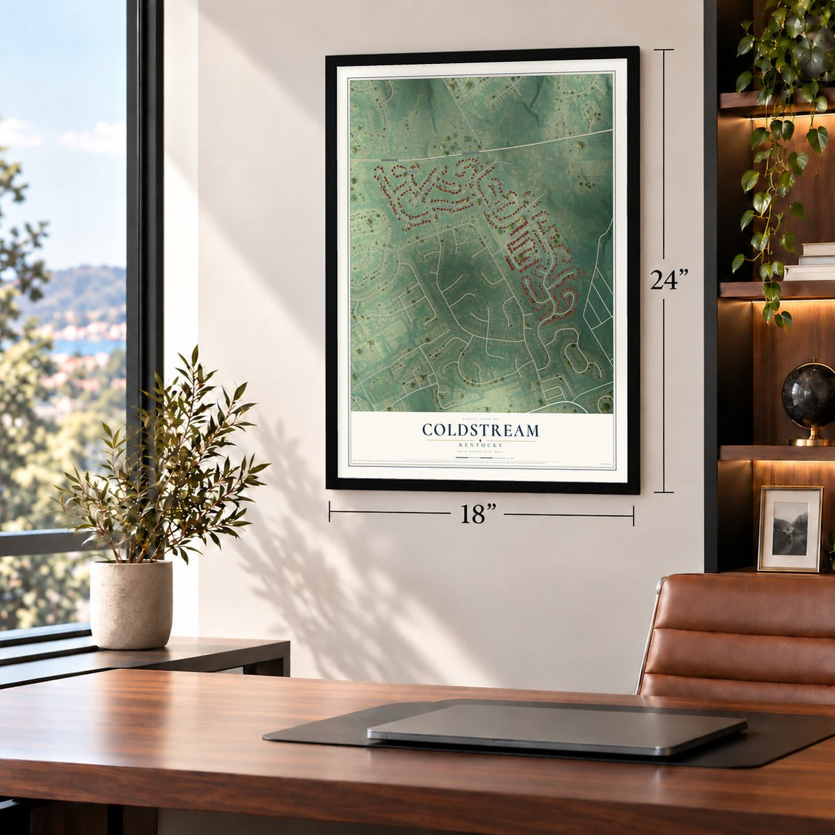Coldstream, Kentucky map, 18 x 24 inch print in a black frame in a home office
