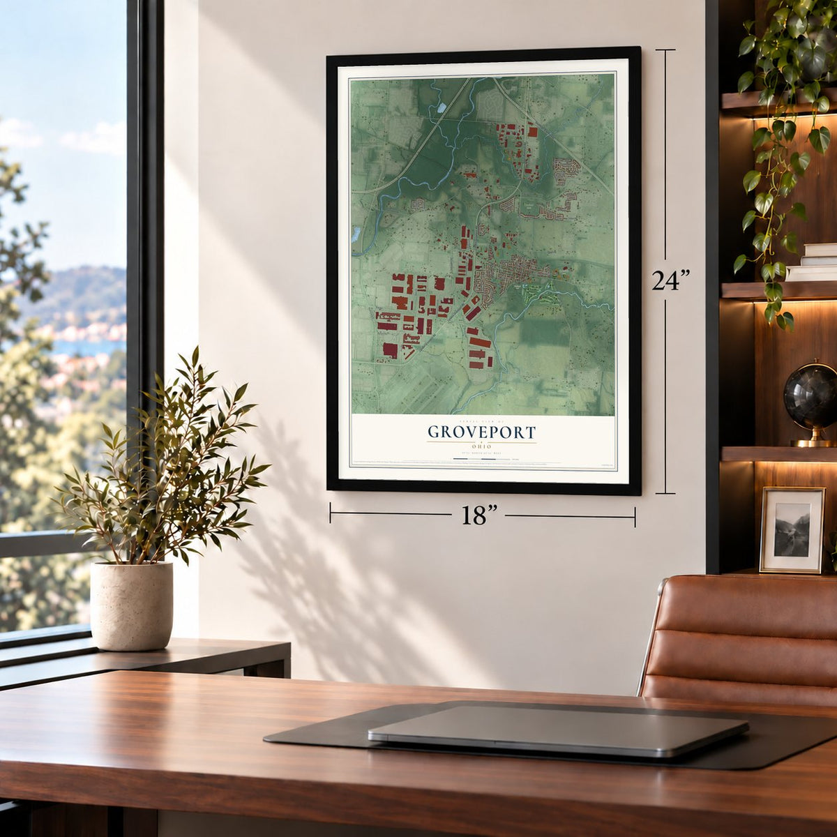 Groveport, Ohio map, 18 x 24 inch print in a black frame in a home office