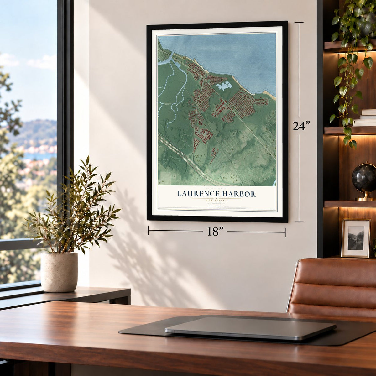 Laurence Harbor, New Jersey map, 18 x 24 inch print in a black frame in a home office