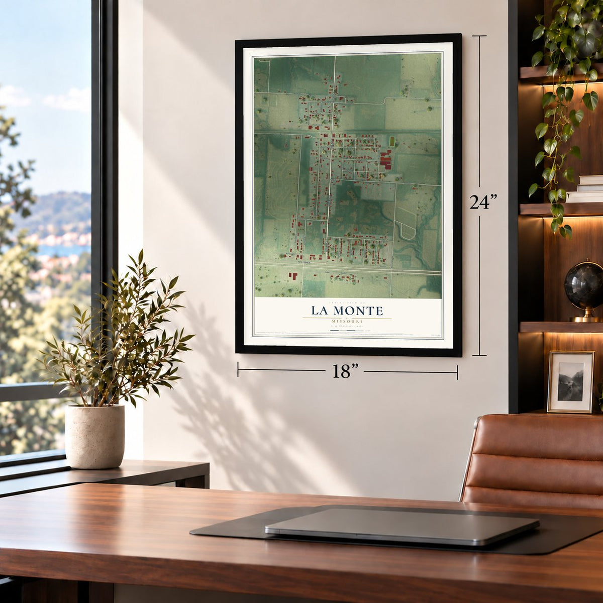 La Monte, Missouri map, 18 x 24 inch print in a black frame in a home office
