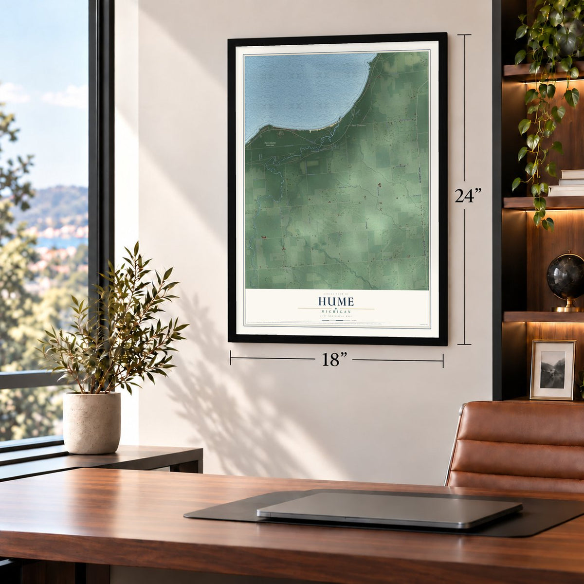 Hume, Michigan map, 18 x 24 inch print in a black frame in a home office