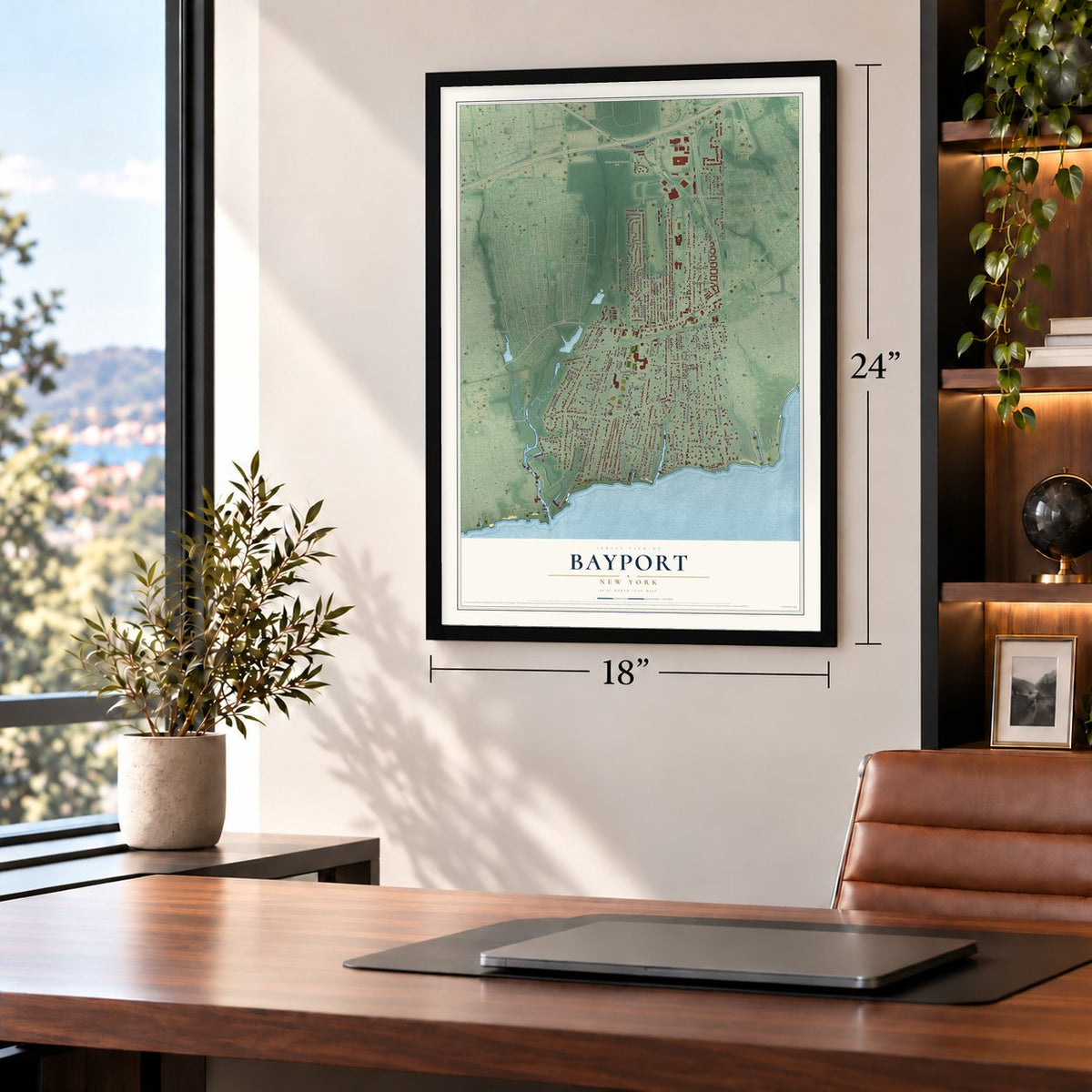 Bayport, New York map, 18 x 24 inch print in a black frame in a home office