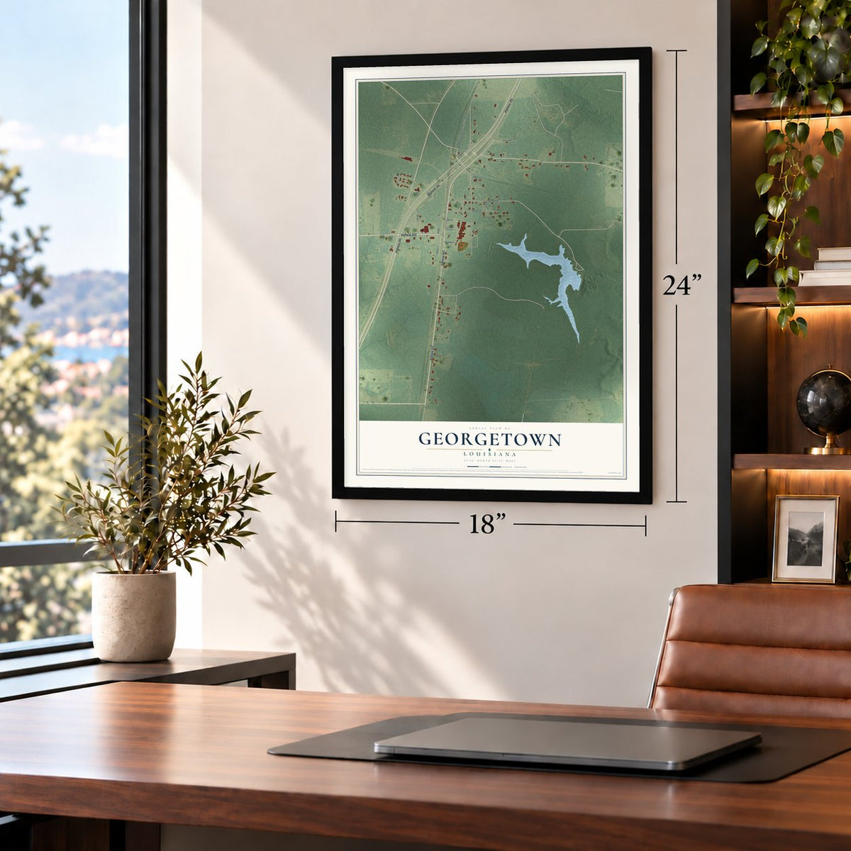 Georgetown, Louisiana map, 18 x 24 inch print in a black frame in a home office
