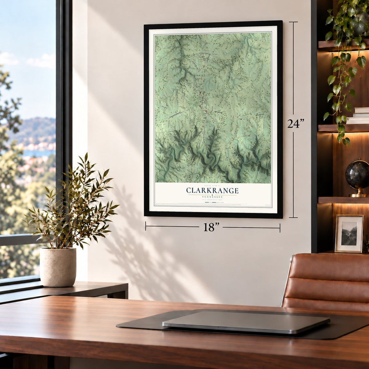 Clarkrange, Tennessee map, 18 x 24 inch print in a black frame in a home office