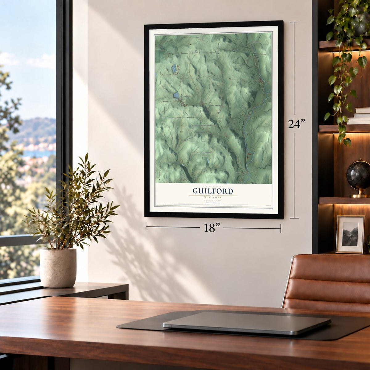 Guilford, New York map, 18 x 24 inch print in a black frame in a home office