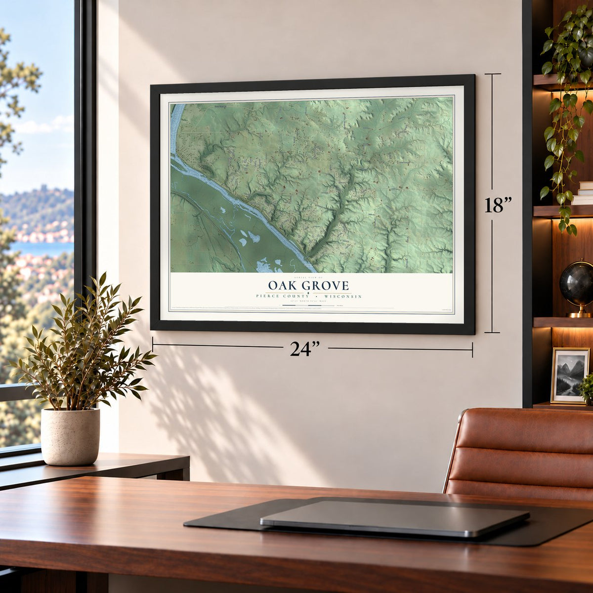 Oak Grove, Pierce County, Wisconsin map, 18 x 24 inch print in a black frame in a home office