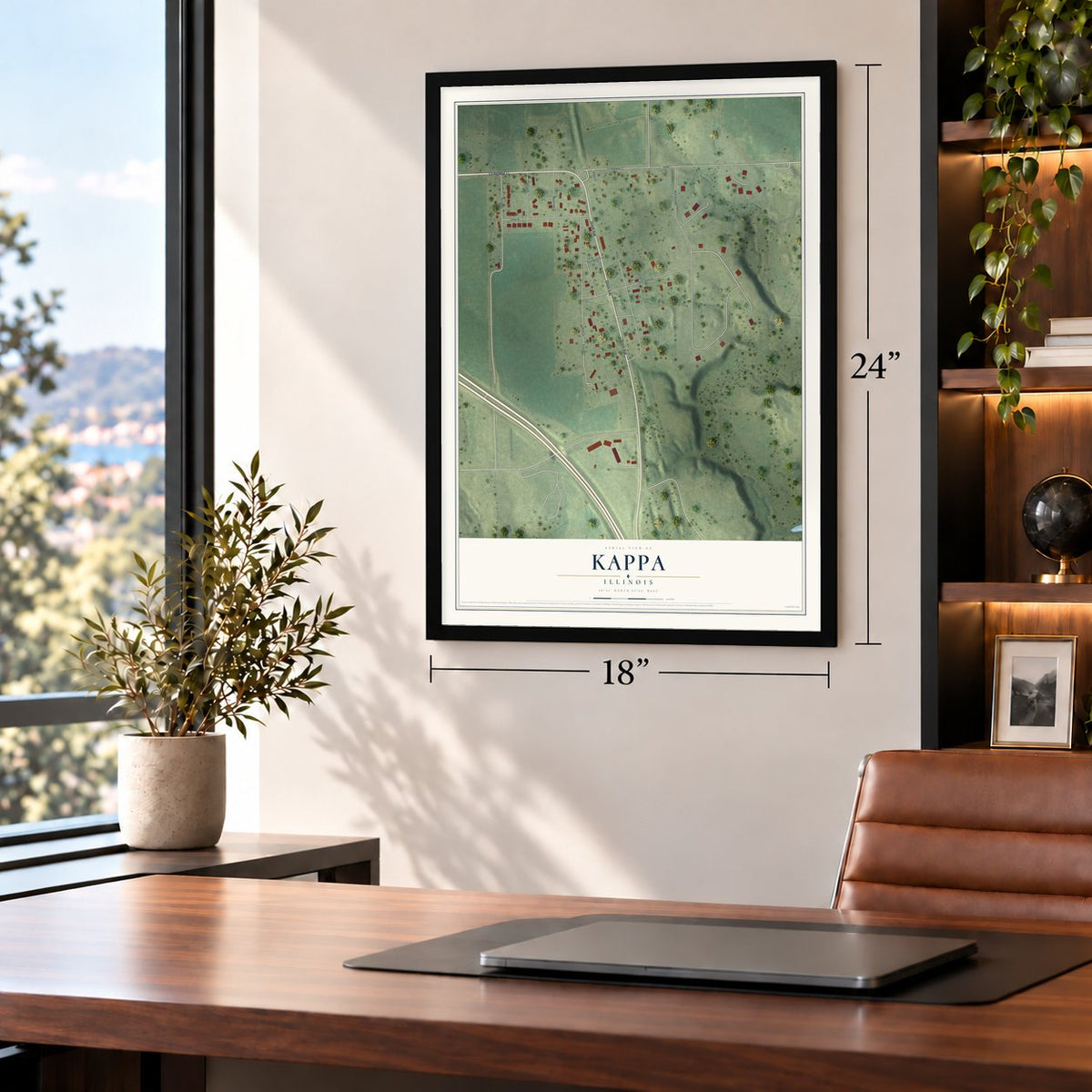 Kappa, Illinois map, 18 x 24 inch print in a black frame in a home office