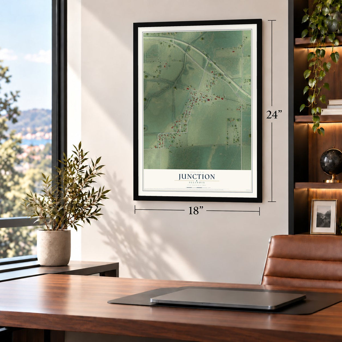 Junction, Illinois map, 18 x 24 inch print in a black frame in a home office
