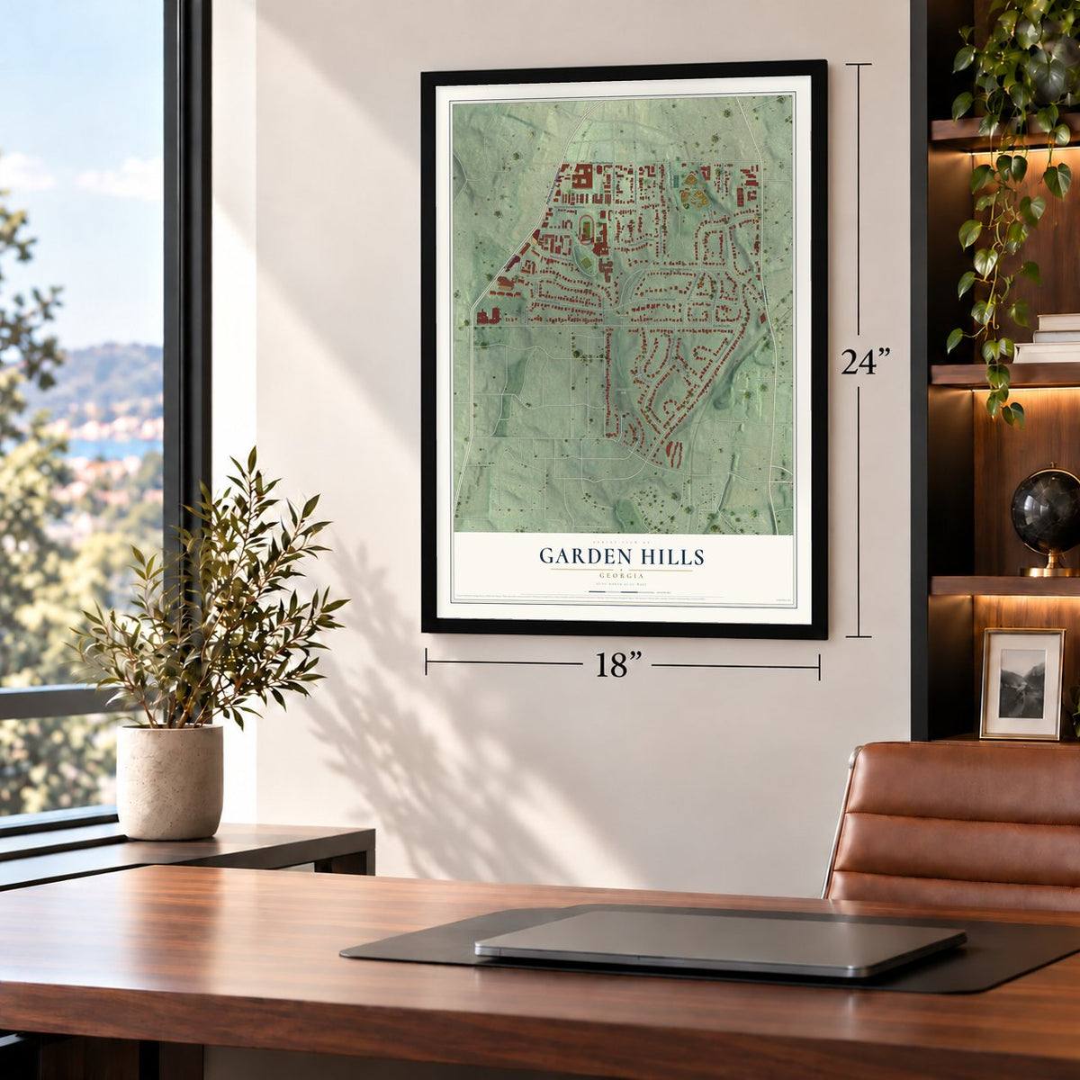 Garden Hills, Georgia map, 18 x 24 inch print in a black frame in a home office